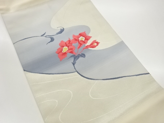 JAPANESE KIMONO / FLOWER / LEAF PATTERN CURVED LINE NAGOYA OBI